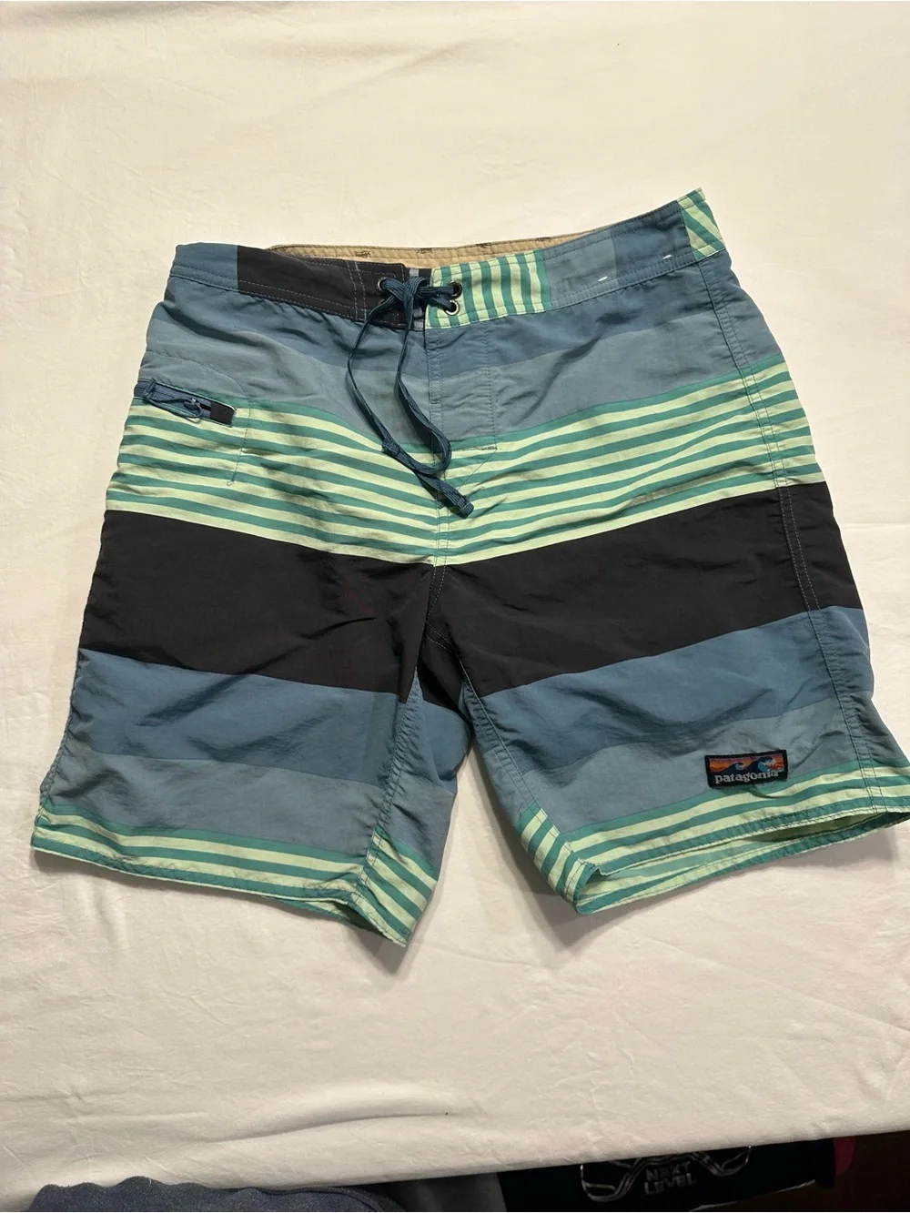 Patagonia Men’s Striped Board Shorts in Teal, Mint & Black